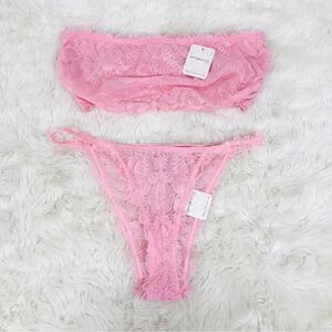 INTIMATELY FREE PEOPLE Pink Lace Bandeau Bra Bralette Bikini Panty Set Large New
